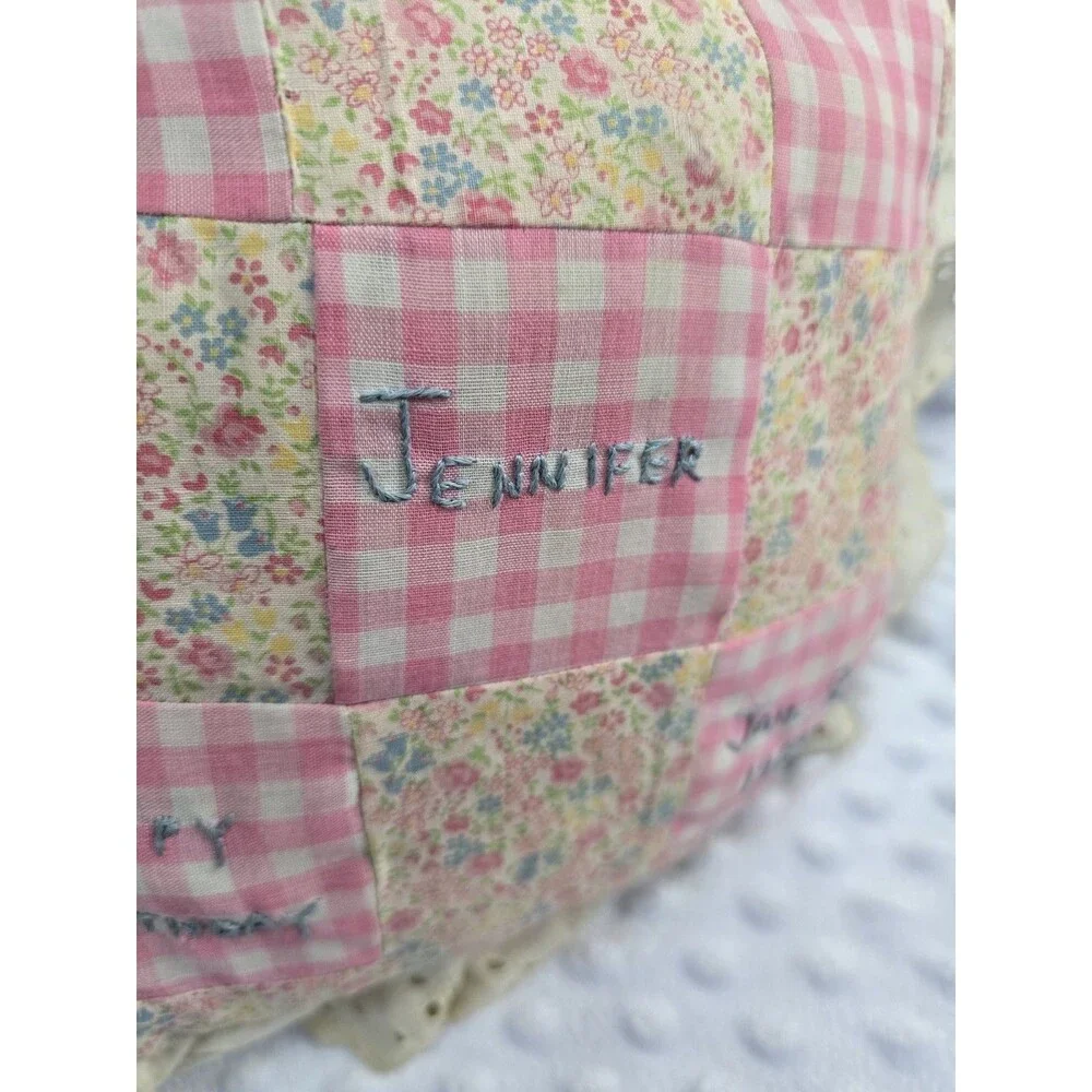 Ruffle Gingham Pillow Pink Cottagecore Embroidered Happy Birthday 10” Jennifer